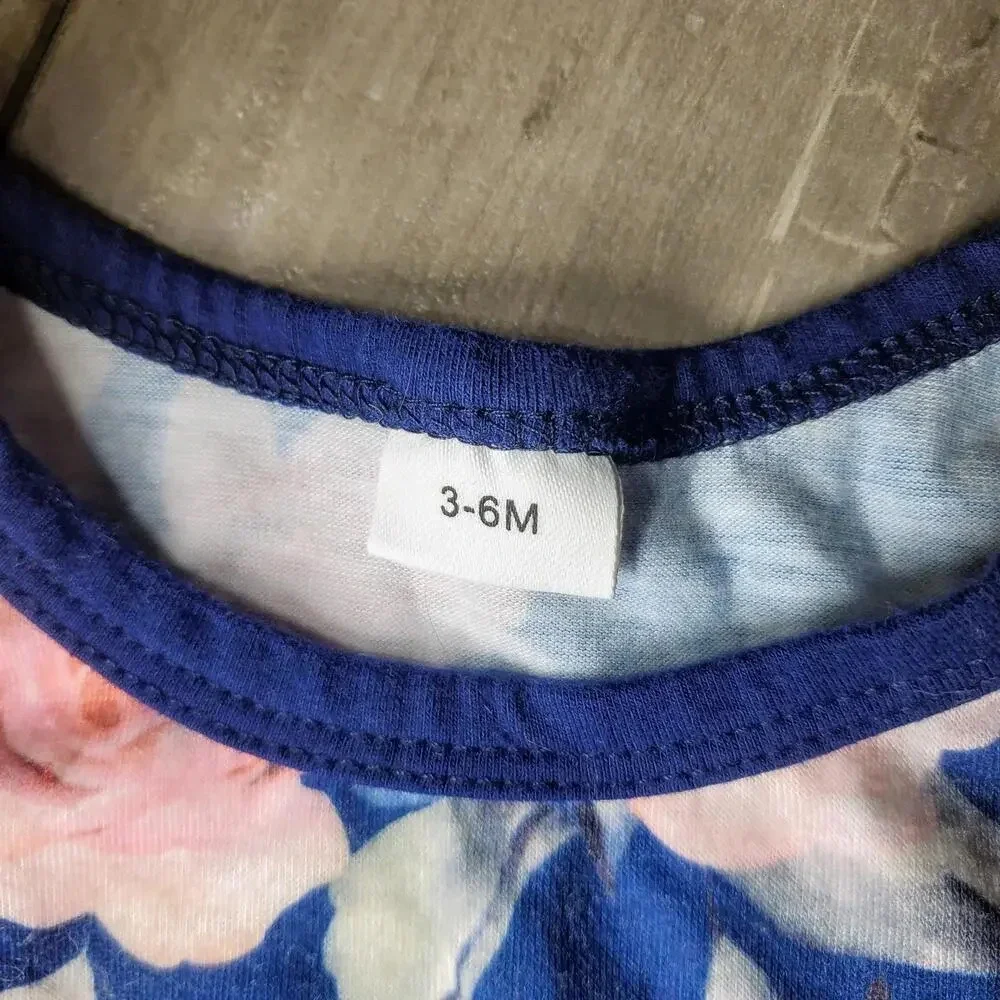 Baby Girl Blue and Pink Floral Pom Pom Trim Romper Size 3-6M